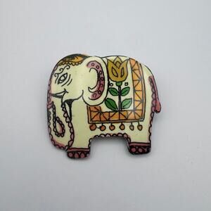 MADE IN GERMANY East Asian Elephant Floral Painted Jhul Enamel Metal Brooch Pin